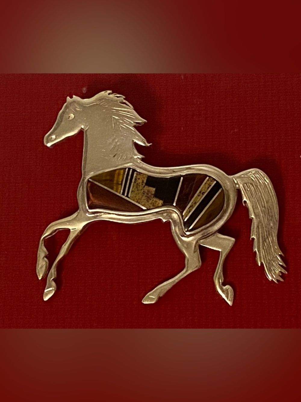 P. BECENTI CALVIN BEGAY NAVAJO BROOCH STERLING SILVER MULTI STONE INLAY HORSE